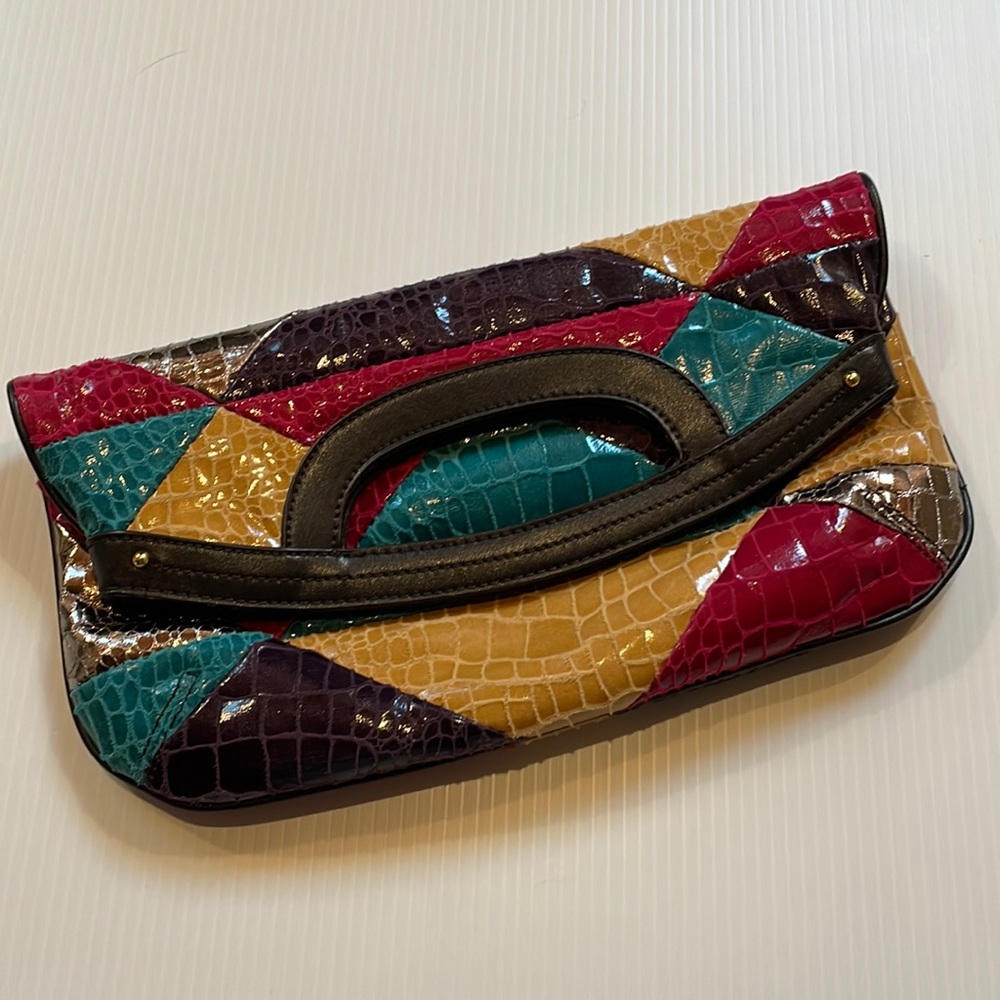 Nine West brown, teal, purple & pink fold over patchwork clutch.